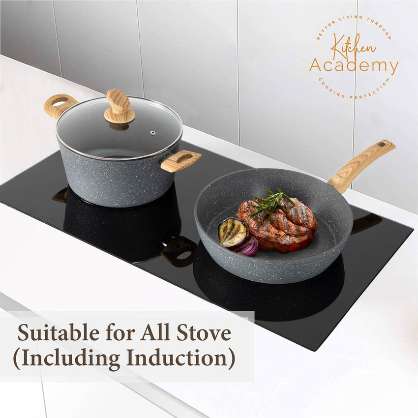 Kitchen Academy Induction Cookware Sets - 12 Piece Green Cooking Pan Set. Granite Nonstick Pots and Pans Set