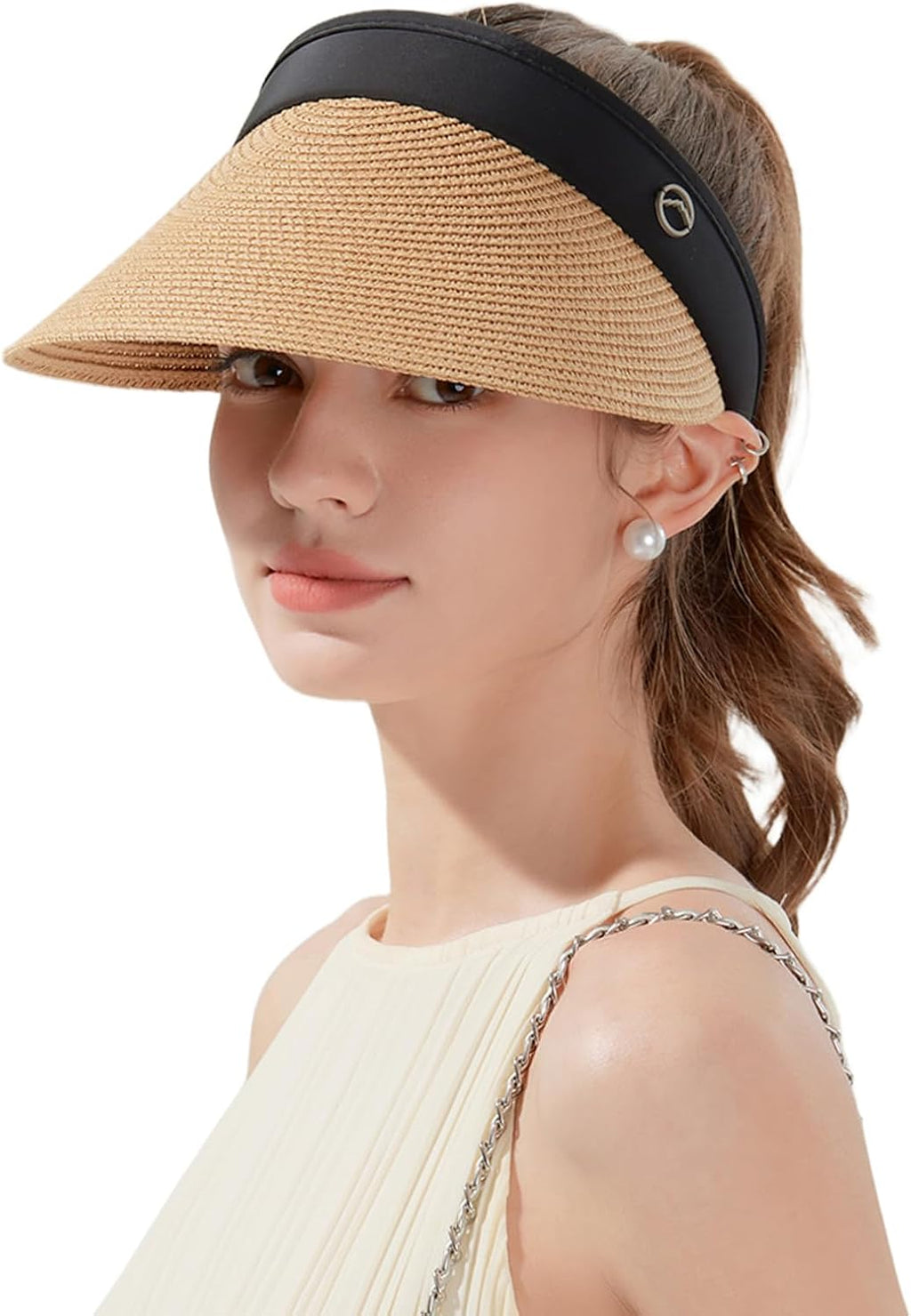 Wide-brimmed straw beach hat; hat designed for ponytails