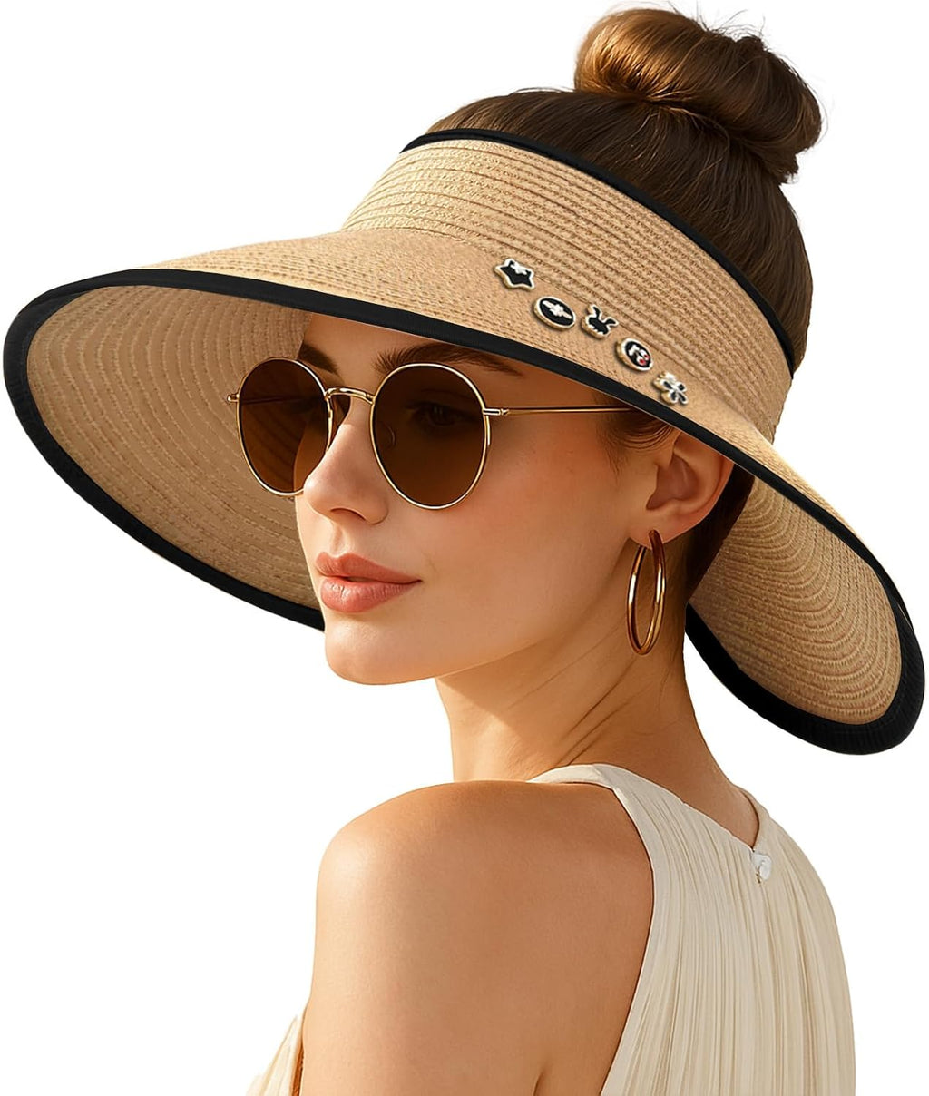 Wide-brimmed straw beach hat; hat designed for ponytails