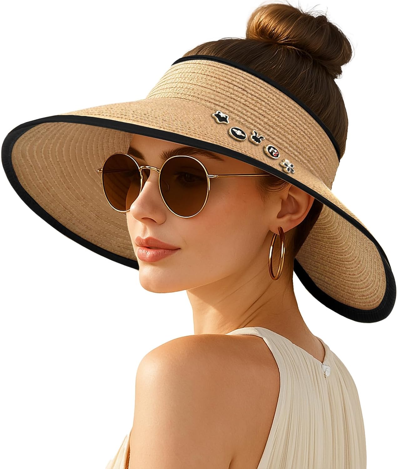 Wide-brimmed straw beach hat; hat designed for ponytails