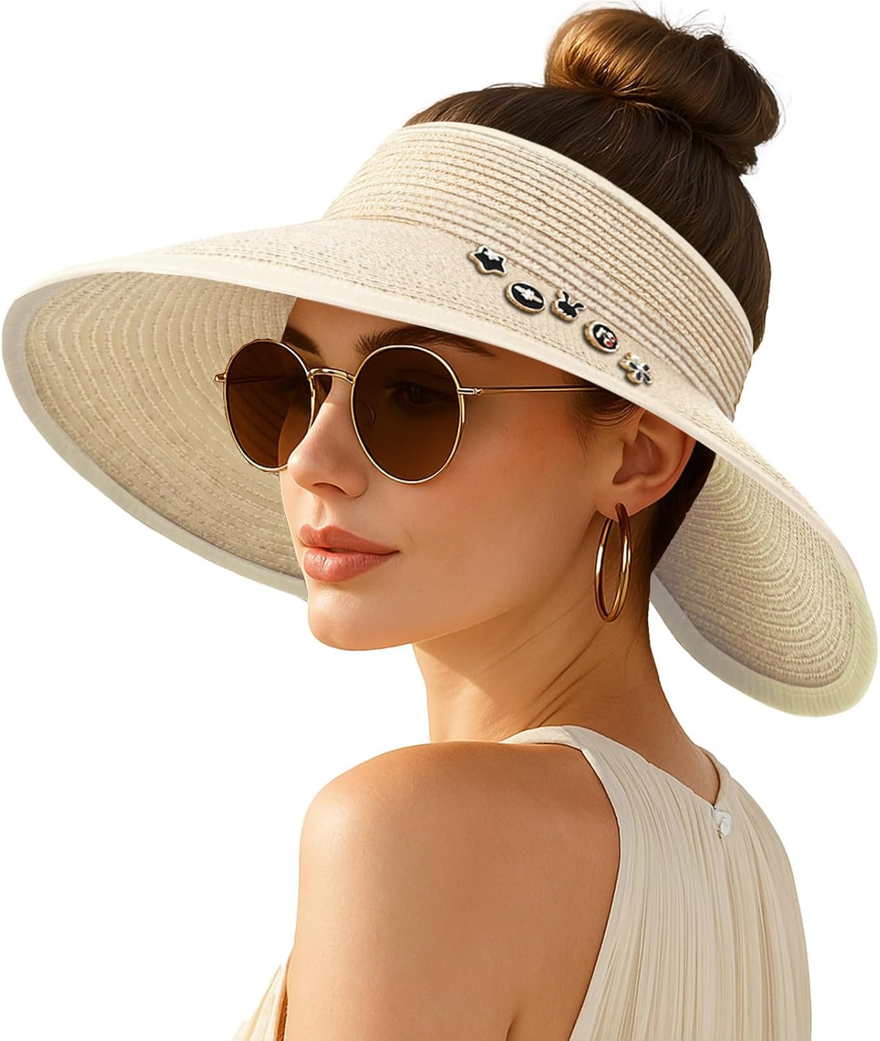 Wide-brimmed straw beach hat; hat designed for ponytails