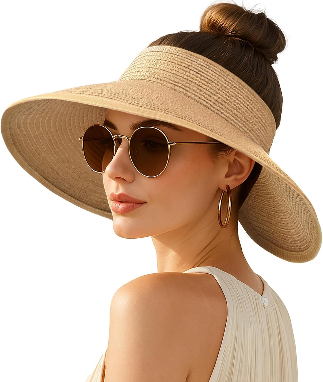 Wide-brimmed straw beach hat; hat designed for ponytails