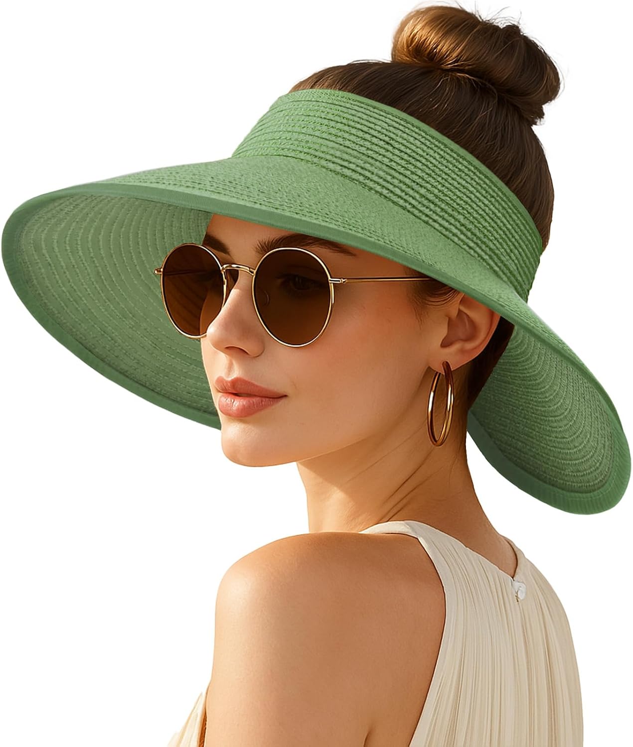 Wide-brimmed straw beach hat; hat designed for ponytails