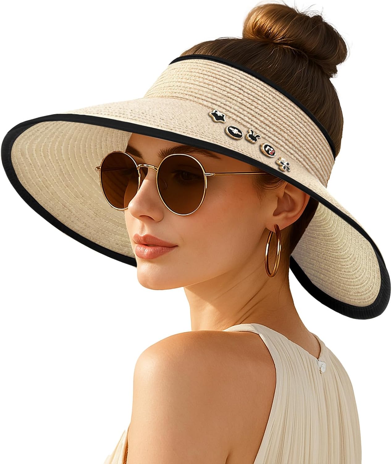 Wide-brimmed straw beach hat; hat designed for ponytails