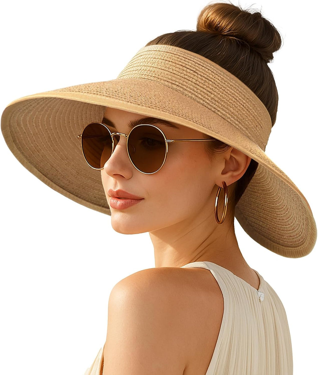 Wide-brimmed straw beach hat; hat designed for ponytails