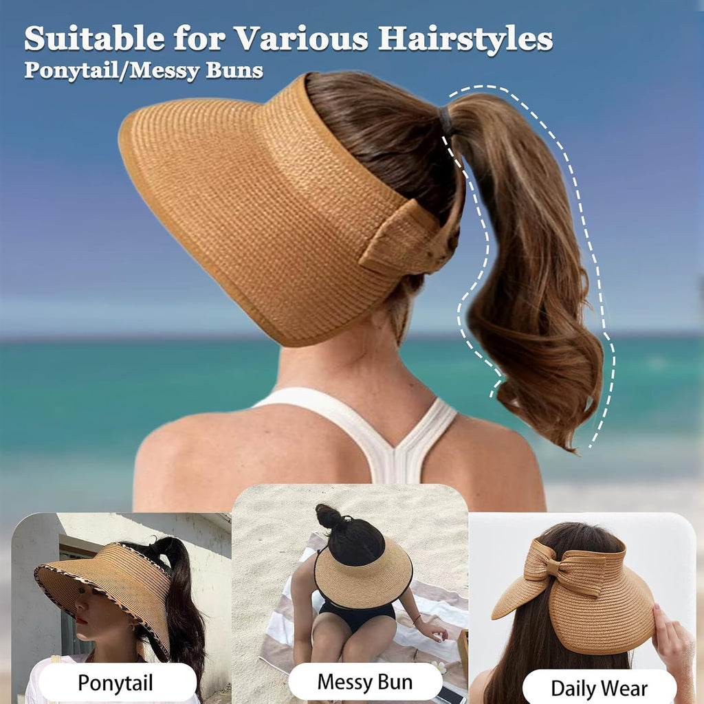 Wide-brimmed straw beach hat; hat designed for ponytails