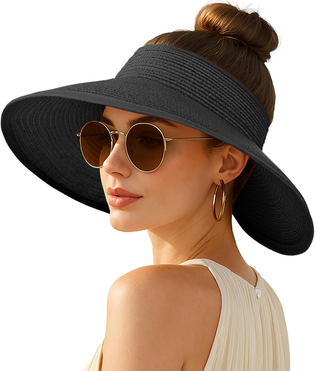 Wide-brimmed straw beach hat; hat designed for ponytails
