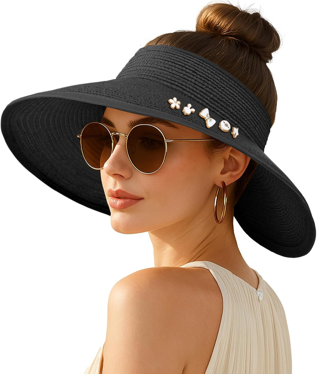 Wide-brimmed straw beach hat; hat designed for ponytails
