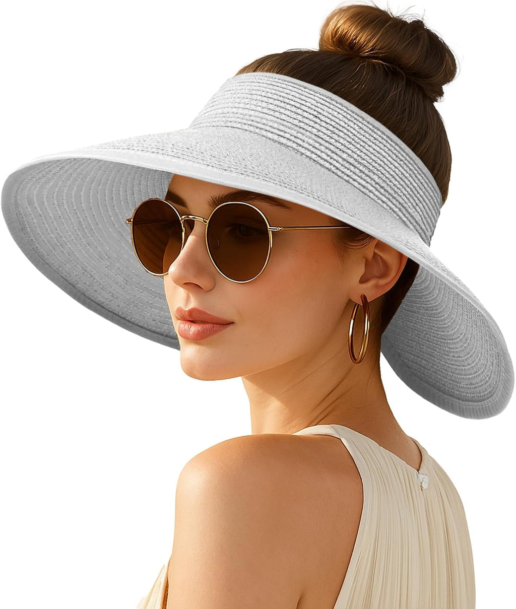 Wide-brimmed straw beach hat; hat designed for ponytails