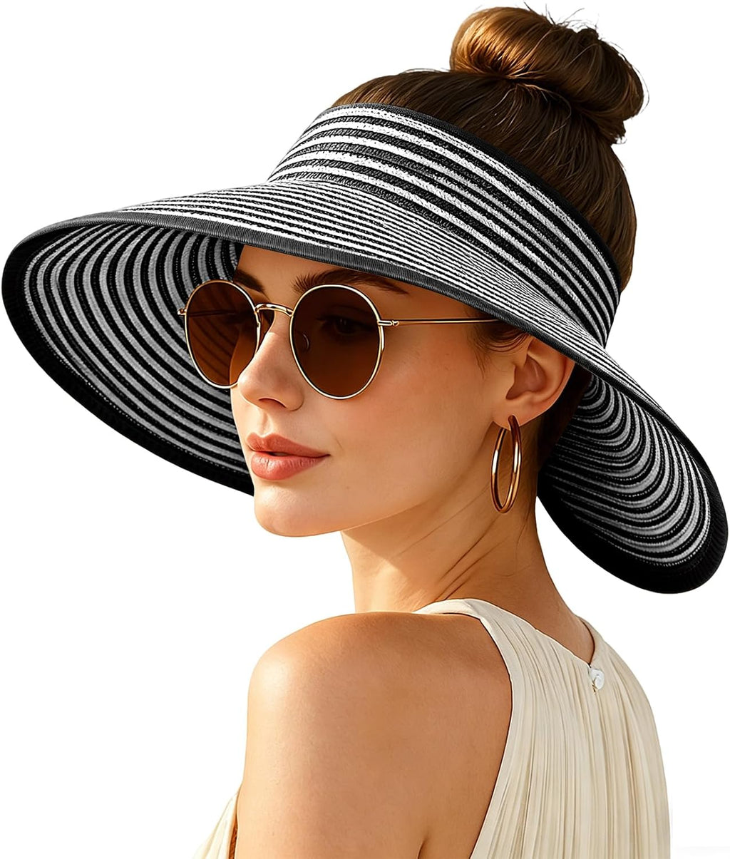 Wide-brimmed straw beach hat; hat designed for ponytails