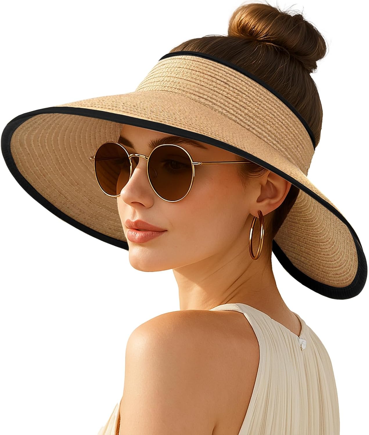 Wide-brimmed straw beach hat; hat designed for ponytails