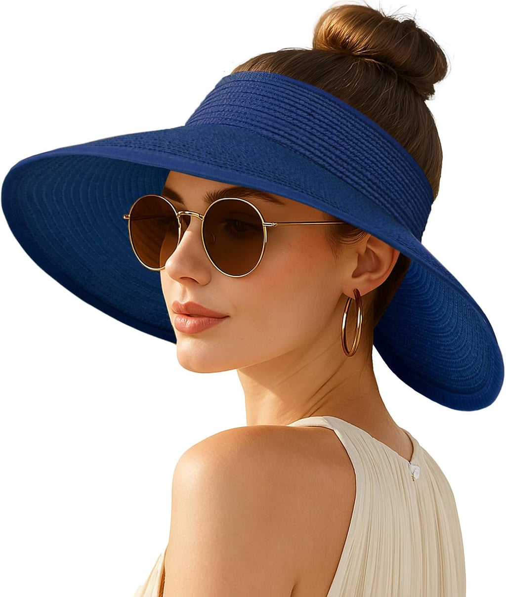 Wide-brimmed straw beach hat; hat designed for ponytails