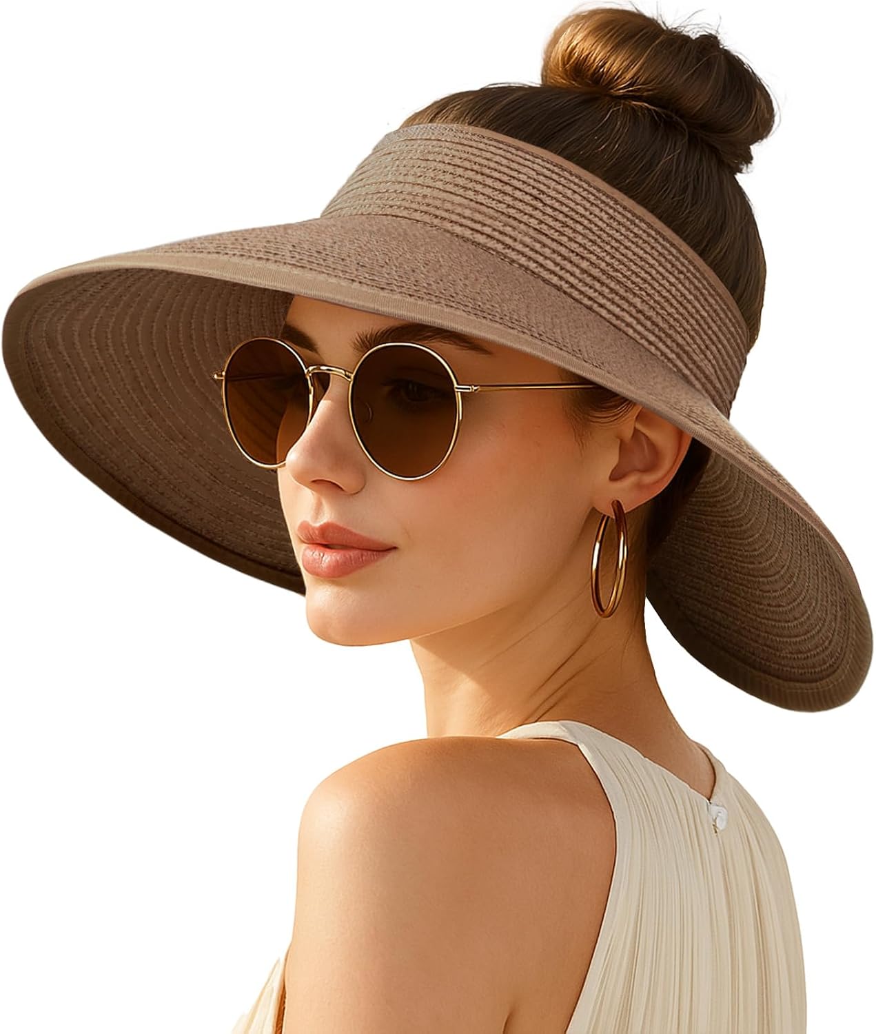 Wide-brimmed straw beach hat; hat designed for ponytails