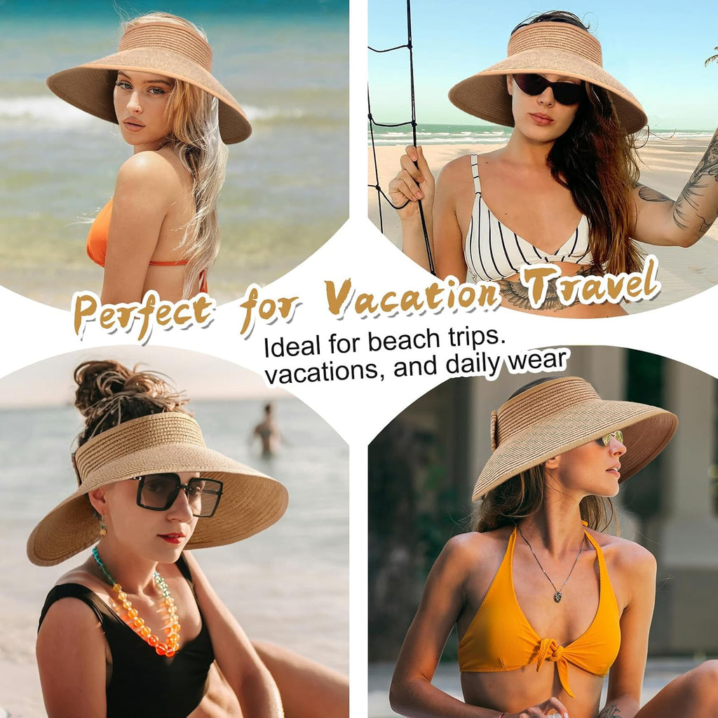 Wide-brimmed straw beach hat; hat designed for ponytails