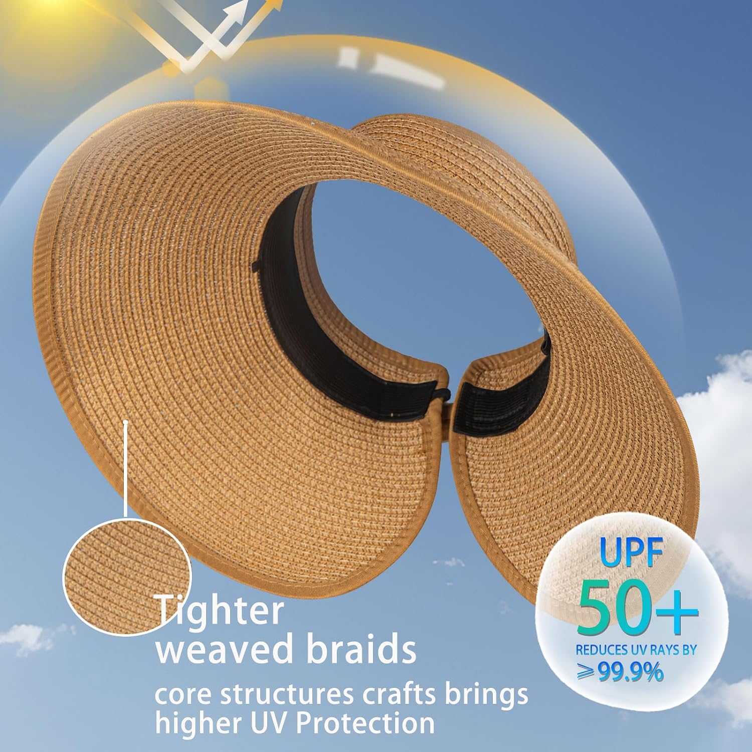 Wide-brimmed straw beach hat; hat designed for ponytails