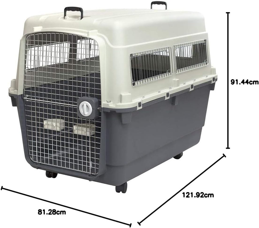 SportPet Designs Plastic Kennels Rolling Plastic Airline Approved Wire Door Travel Dog Crate. XXX-Large. Gray